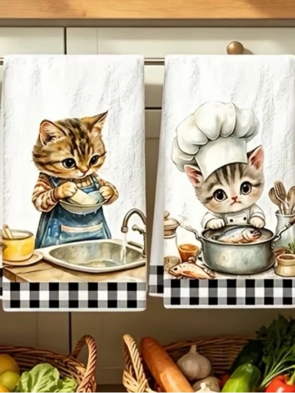 4 Pcs Cute Kitten Chef Kitchen Towels Black White Buffalo Check Decorative Hand